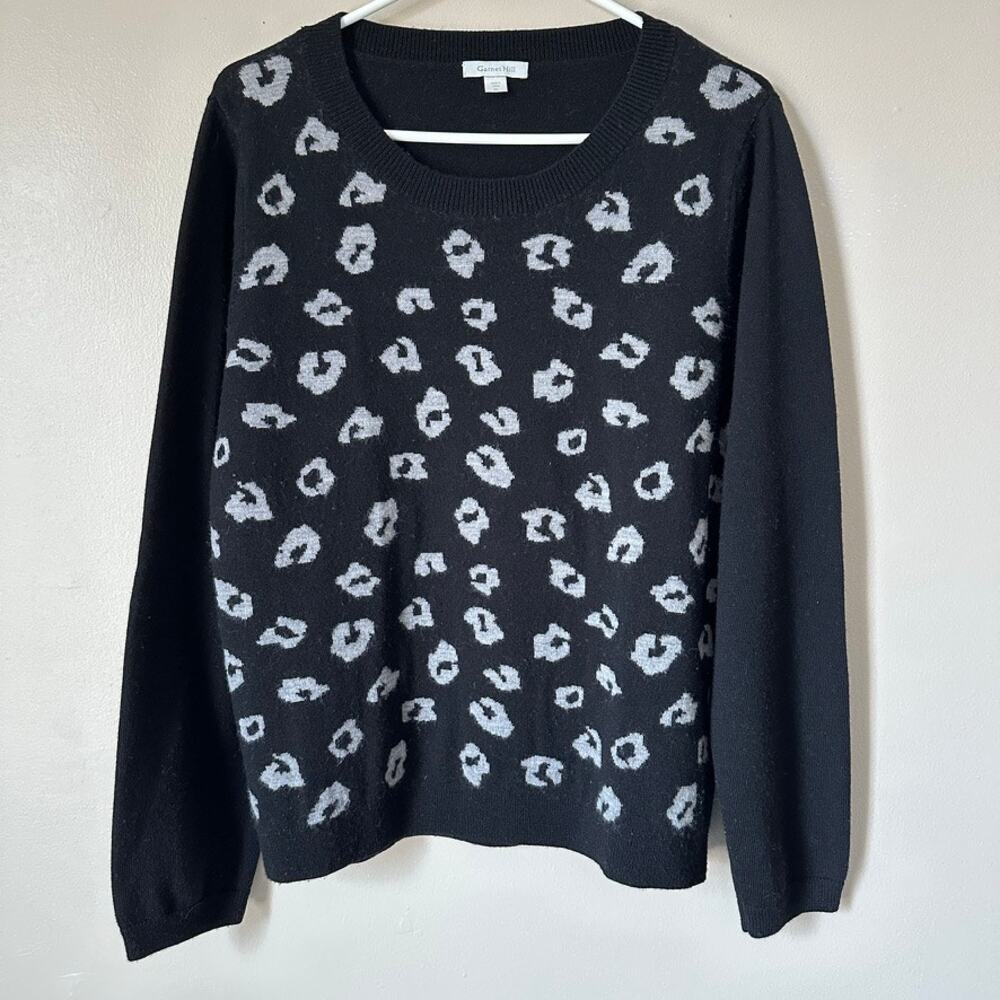 Garnet Hill Sweater Womens Extra Large Black Gray Leopard Print Wool Crewneck - Picture 1 of 8